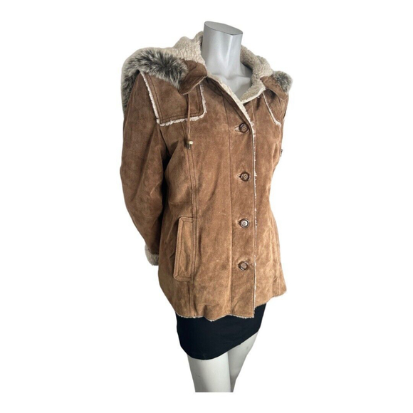 Danier Brown Suede Sherpa Lined Faux Fur Trim Hooded Jacket Size Small - Picture 2 of 5